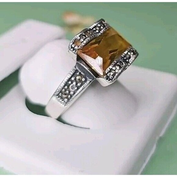 Yellow Rectangle Stone ring silver 925 HEART - Picture 3 of 11